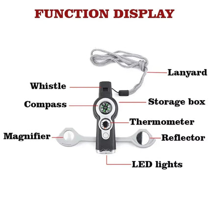 7-in-1 Survival Whistle – LED, Compass, Thermometer for Camping!