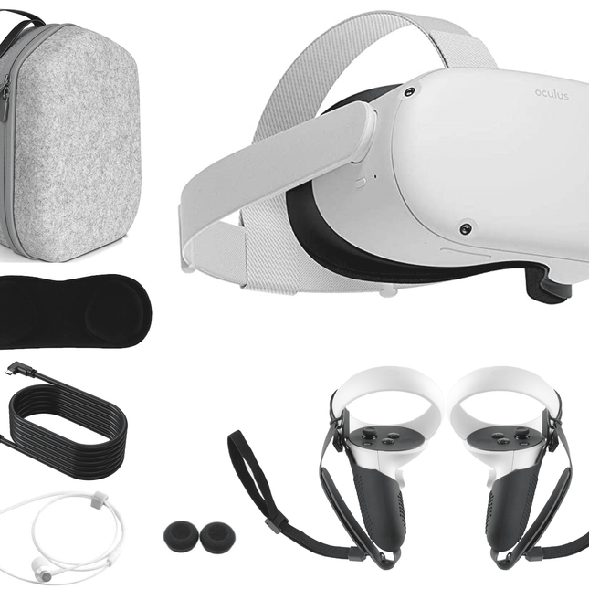 2023  Quest 2 All-In-One VR Headset, 128GB SSD, Holiday Family Bundle: Marxsol Carrying Case, Earphone, Link Cable, Touch Controllers with Grip Cover,Knuckle & Hand Strap Lens Cover