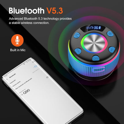 Bluetooth Shower Speaker, Portable Shower Speakers Wireless Bluetooth 5.3 with Time Display, Bluetooth Speakers with RGB Light Show, Suction Cup, IP7 Waterproof, 360° Stereo Sound, Handsfree, Blue