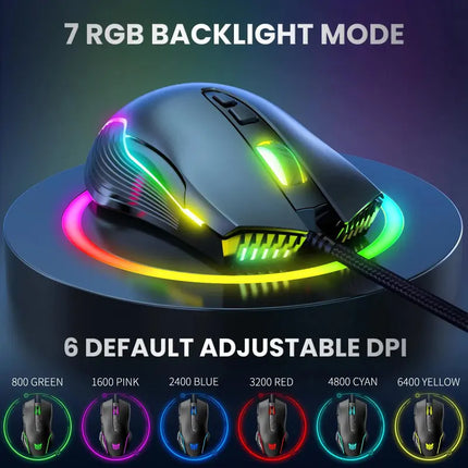 USB Wired Gaming Mouse with RGB Backlight for Gamer Accessories, CW905 Black 6400DPI Wired Mouse for Gaming Work Study, Portable Comfortable USB Game Mice for Home Office Desktop, Best Gaming Accessories Gifts for Gamers