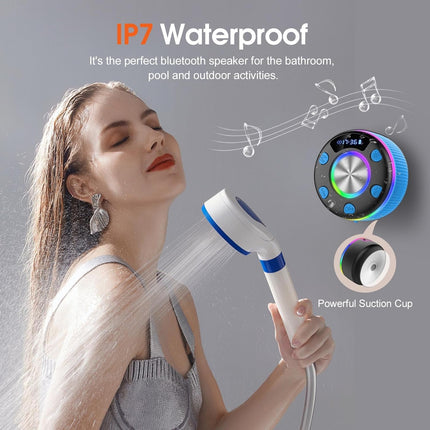 Bluetooth Shower Speaker, Portable Shower Speakers Wireless Bluetooth 5.3 with Time Display, Bluetooth Speakers with RGB Light Show, Suction Cup, IP7 Waterproof, 360° Stereo Sound, Handsfree, Blue