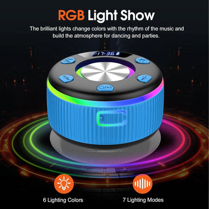 Bluetooth Shower Speaker, Portable Shower Speakers Wireless Bluetooth 5.3 with Time Display, Bluetooth Speakers with RGB Light Show, Suction Cup, IP7 Waterproof, 360° Stereo Sound, Handsfree, Blue