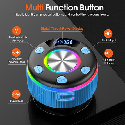 Bluetooth Shower Speaker, Portable Shower Speakers Wireless Bluetooth 5.3 with Time Display, Bluetooth Speakers with RGB Light Show, Suction Cup, IP7 Waterproof, 360° Stereo Sound, Handsfree, Blue